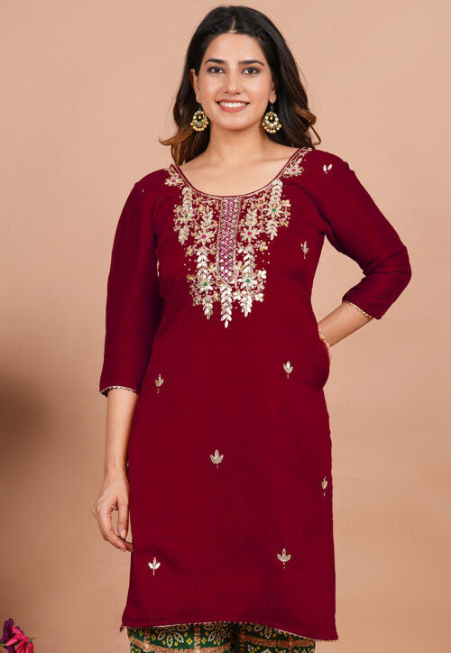 Gota Patti Art Silk Straight Kurta in Maroon