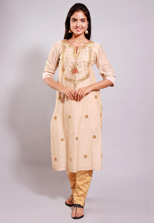 Gota Patti Chanderi Cotton Straight Kurta Set in Beige