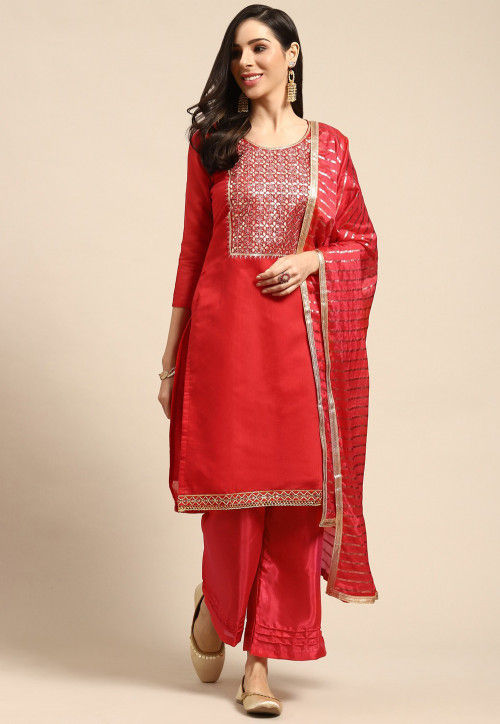 Red Chanderi Silk Embroidered Pant Suit | Punit Balana – KYNAH