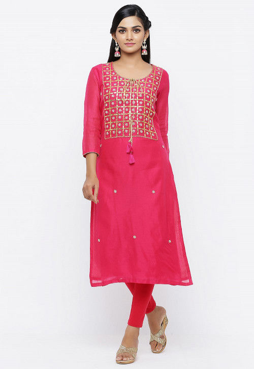 Gota Patti Chanderi Silk Straight Kurta in Fuchsia