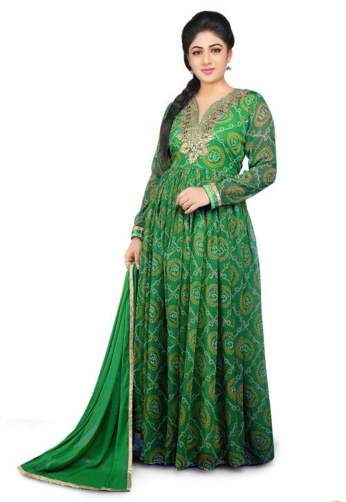 Gota Patti Embroidered Georgette Abaya Style Suit in Green