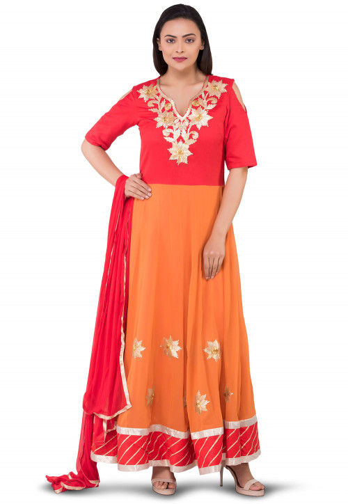 Gota Patti Georgette Abaya Style Suit in Orange and Red