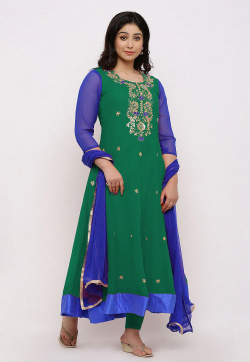 Buy Gota Patti Georgette Anarkali Suit in Teal Green and Royal Blue ...