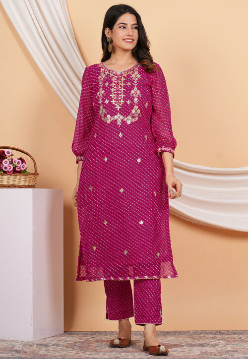Gota Patti Georgette Straight Kurta Set in Fuchsia