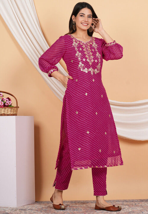 Gota Patti Georgette Straight Kurta Set in Fuchsia