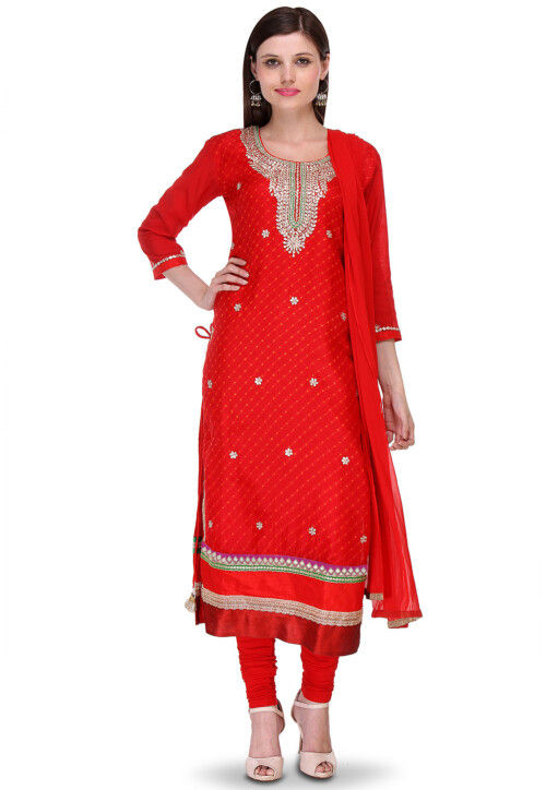 Gota Patti Kota Silk Straight Suit in Red