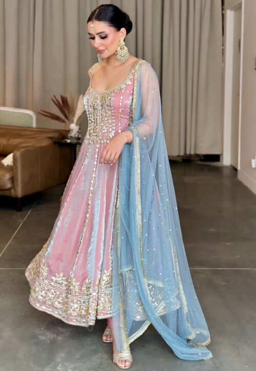 Gota Patti Tissue Shimmer Anarkali Suit in Pink