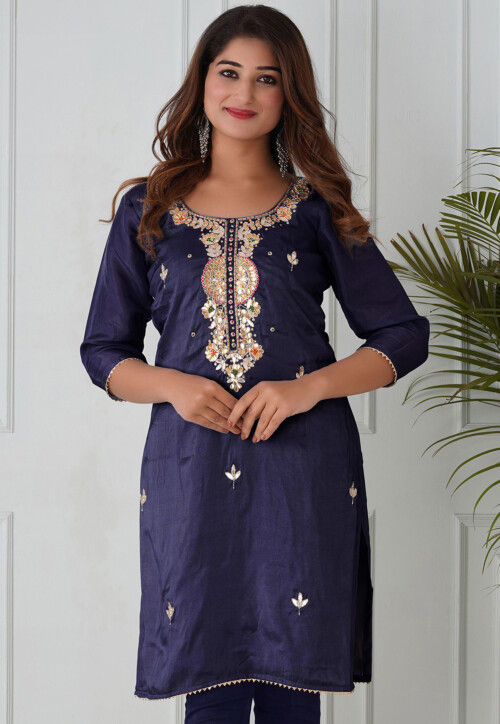 Gota Patti Uppada Silk Straight Kurta in Navy Blue