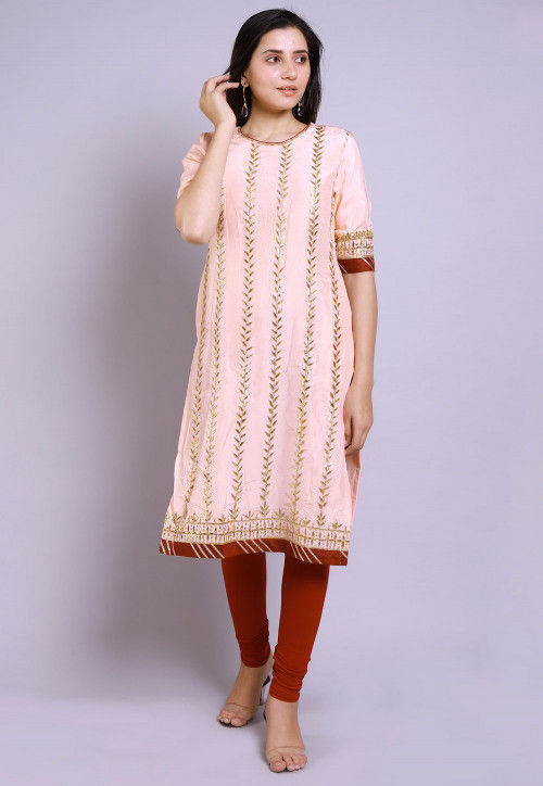 Gota Patti Uppada Silk Straight Kurta Set in Peach