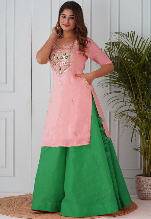 Gota Patti Uppada Silk Straight Kurta Set in Peach