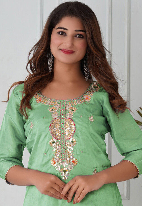 Girl Gotapatti Kurta Set- Sap Green main image 0
