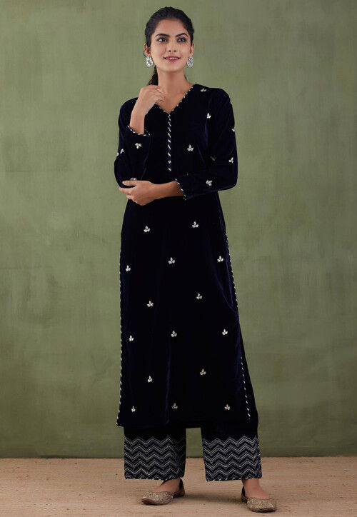 Gota Patti Velvet Straight Kurta Set in Navy Blue