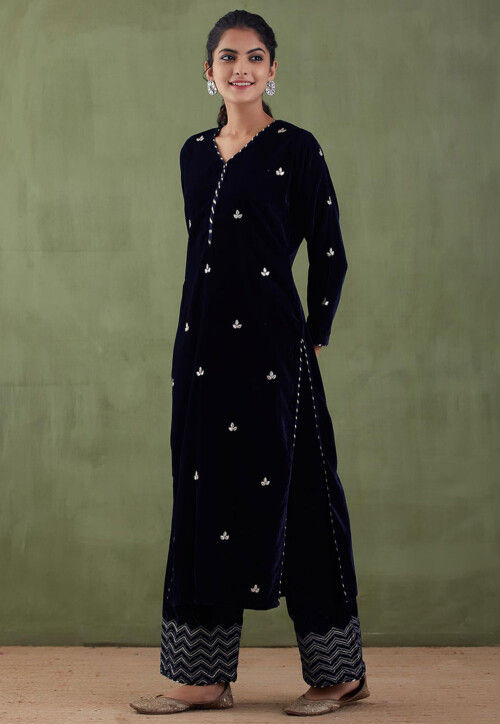 Gota Patti Velvet Straight Kurta Set in Navy Blue