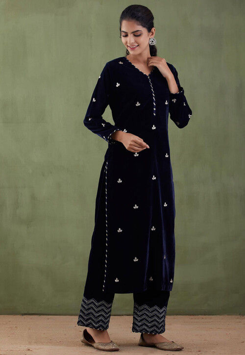 Gota Patti Velvet Straight Kurta Set in Navy Blue