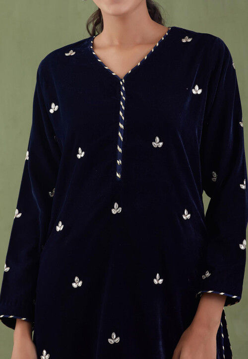 Gota Patti Velvet Straight Kurta Set in Navy Blue