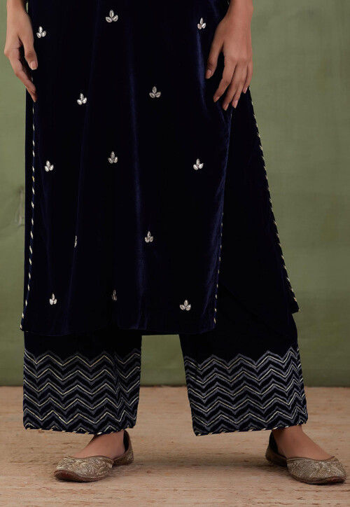 Gota Patti Velvet Straight Kurta Set in Navy Blue