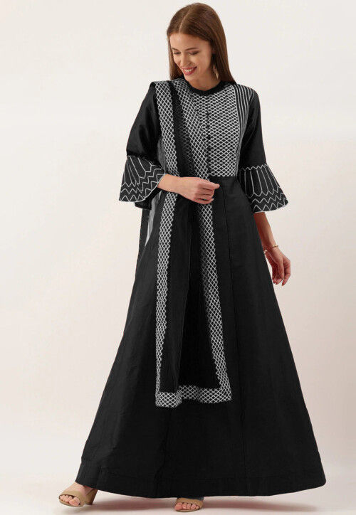 Gota work Art Silk Abaya Style Suit in Black