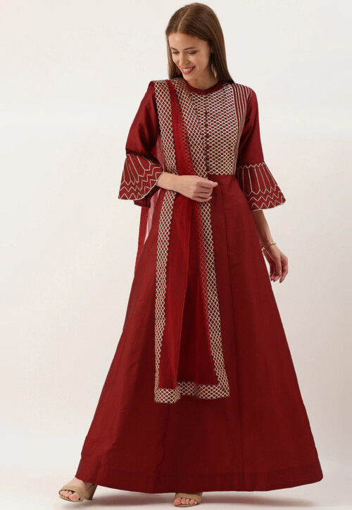 Gota work Art Silk Abaya Style Suit in Maroon