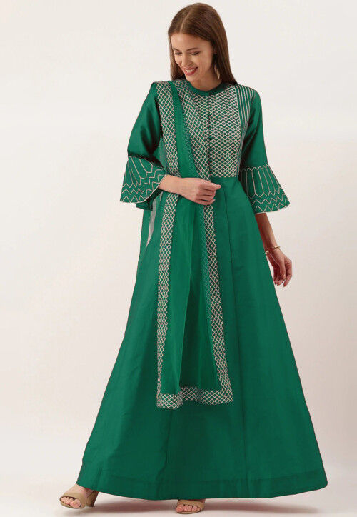 Gota work Art Silk Abaya Style Suit in Teal Green