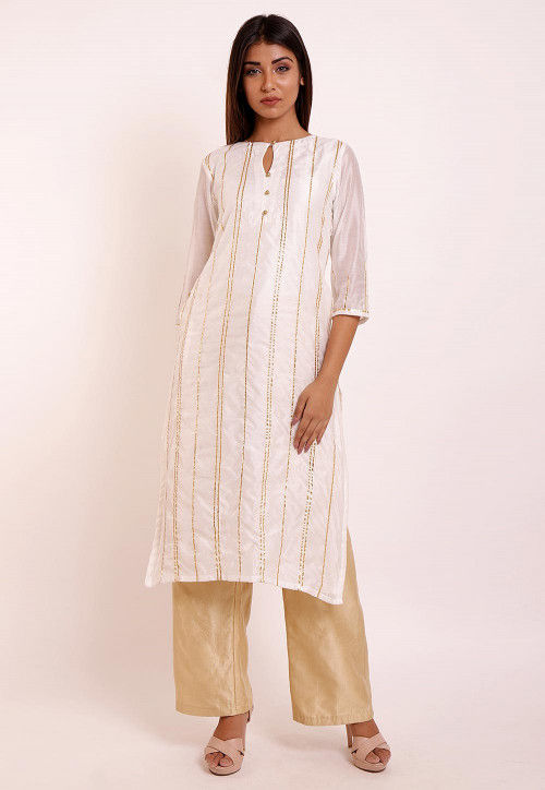 Gota Work Chanderi Silk Kurta Set in Off White