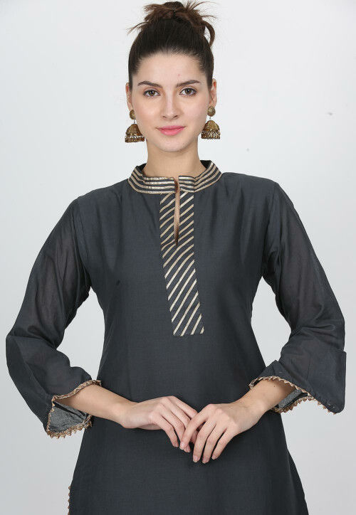 Gota Work Cotton Pakistani Suit in Dark Grey : KMV84