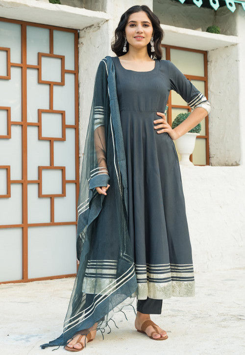 Grey Color Thread Work Anarkali Dress