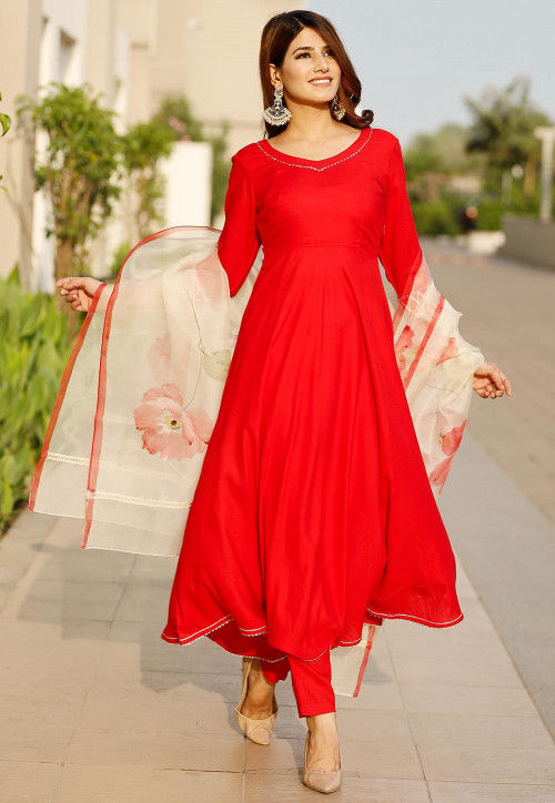 Buy Red Vasansi Silk Printed Anarkali Gown Online – Vasansi Jaipur
