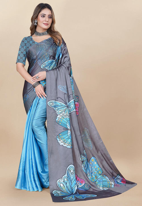 Half and Half Satin Saree in Grey and Blue