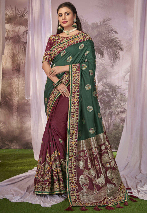 Half N Half Art Silk Jacquard Saree in Green and Maroon