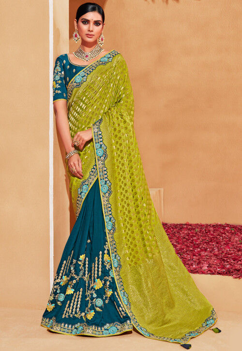 Half N Half Art Silk Jacquard Saree in Light Green and Teal Blue