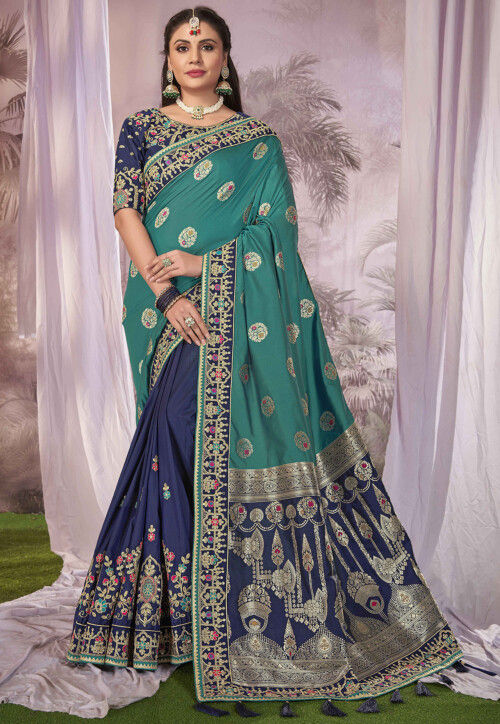Half N Half Art Silk Jacquard Saree in Sea Green and Navy Blue