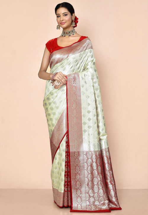 Cream Red Zari Woven Banarasi Soft Silk Saree at Rs 4560.00 | Paithani  Sarees | ID: 2850502646188