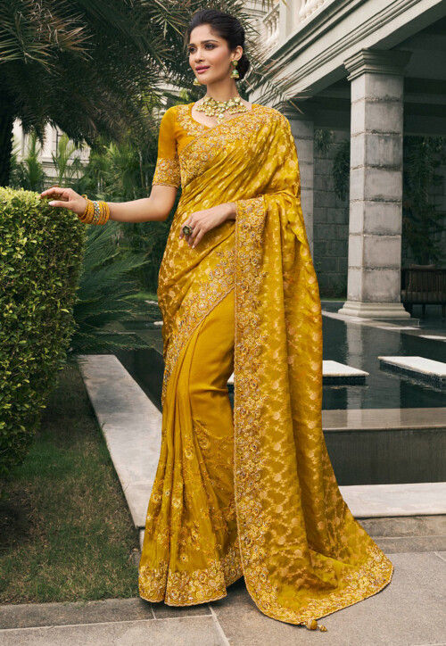 Half N Half Art Silk Saree in Dark Mustard