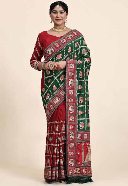 Half N Half Art Silk Saree in Green and Maroon