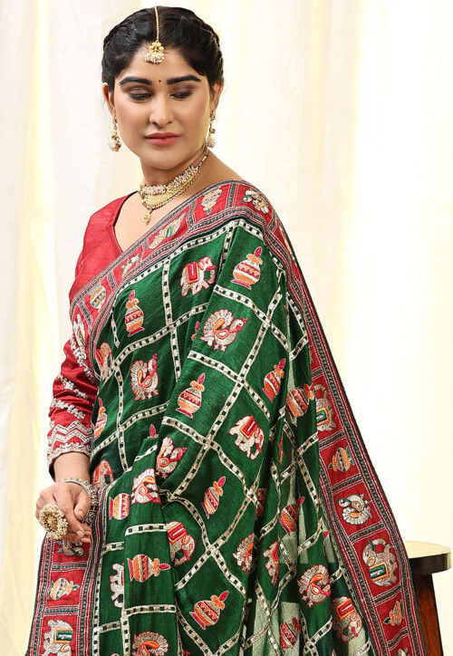 Half N Half Art Silk Saree in Green and Maroon