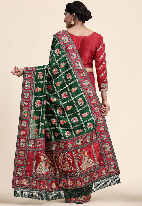 Half N Half Art Silk Saree in Green and Maroon