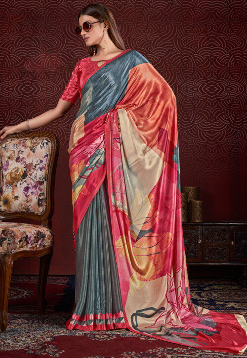 Half N Half Art Silk Saree in Grey and Pink