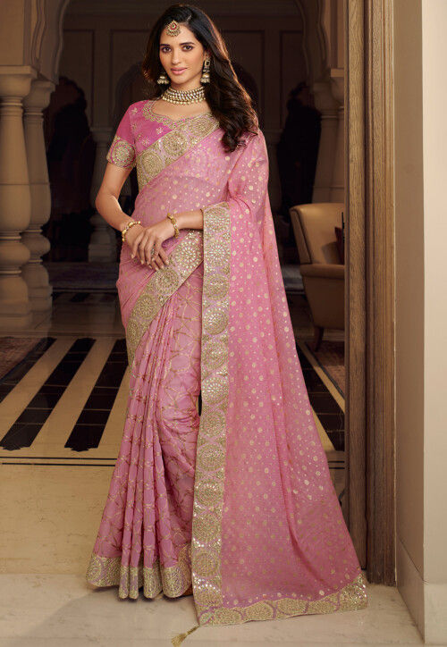 Buy Baby Pink Imported Sartin Silk Party Wear Shimmer Work Ready To wear  Saree Online From Wholesale Salwar.