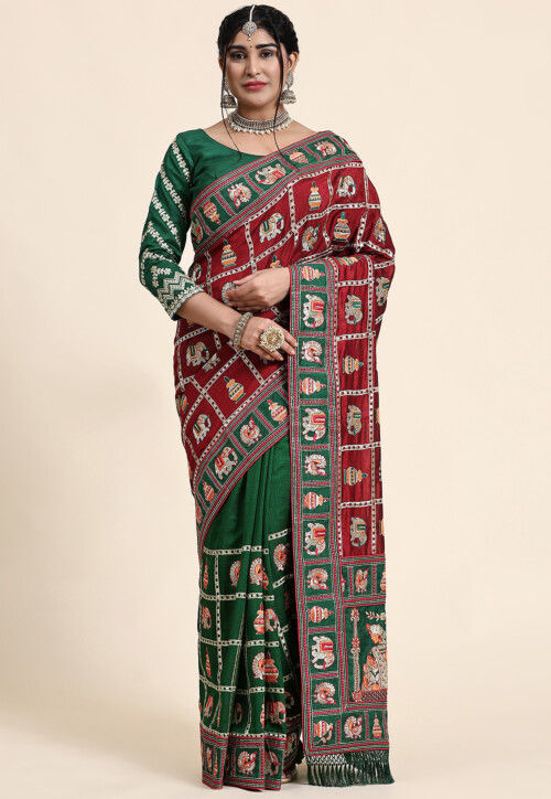 Bottle Green With Maroon Border Silk Traditional Saree – paanericlothing