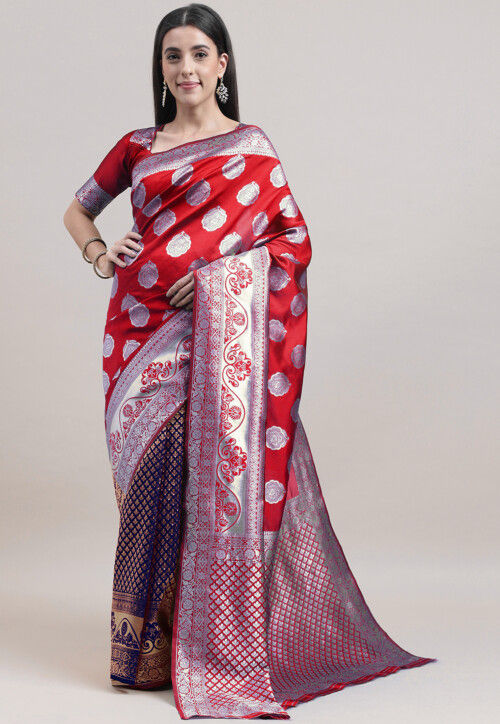 Half N Half Art Silk Saree in Maroon and Navy Blue