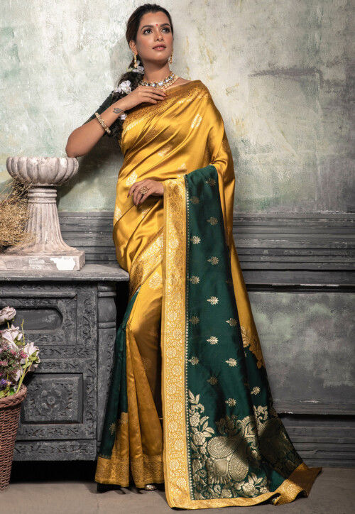 Handloom Yellow Mulberry Silk Bandhani Saree With Green Patola Border –  WeaverStory