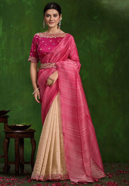 Pink Saree With Golden Belt Soft Chinon Burgundy Padding Readymade