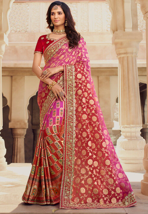 Buy Half N Half Art Silk Saree in Pink and Red Online : SRFA1434 ...