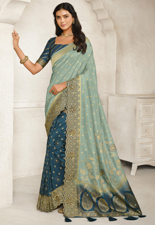 Half N Half Art Silk Saree in Sky Blue and Teal Blue