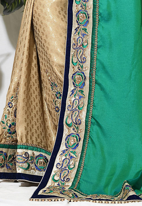 Half N Half Art Silk Saree in Teal Green and Beige