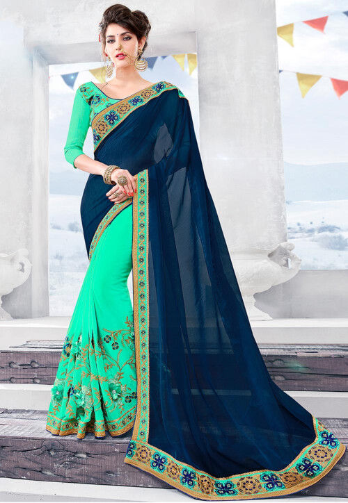 Buy Net Grey and Navy Blue Designer Half N Half Saree Online