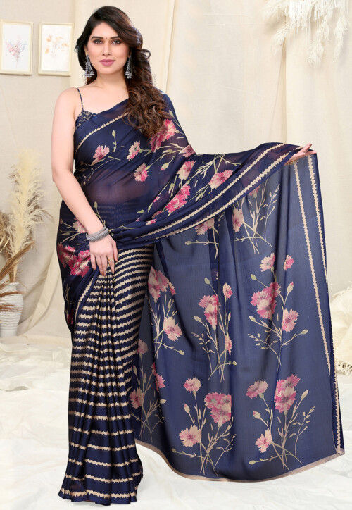 Half N Half Chiffon Saree in Navy Blue
