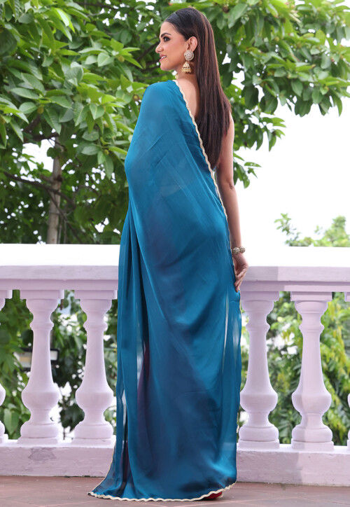 Half n Half Chiffon Saree in Teal Blue and Fuchsia