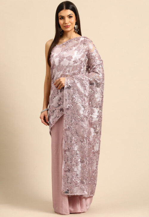 Half N Half Chinon Chiffon and Chantelle Net Saree in Light Old Rose