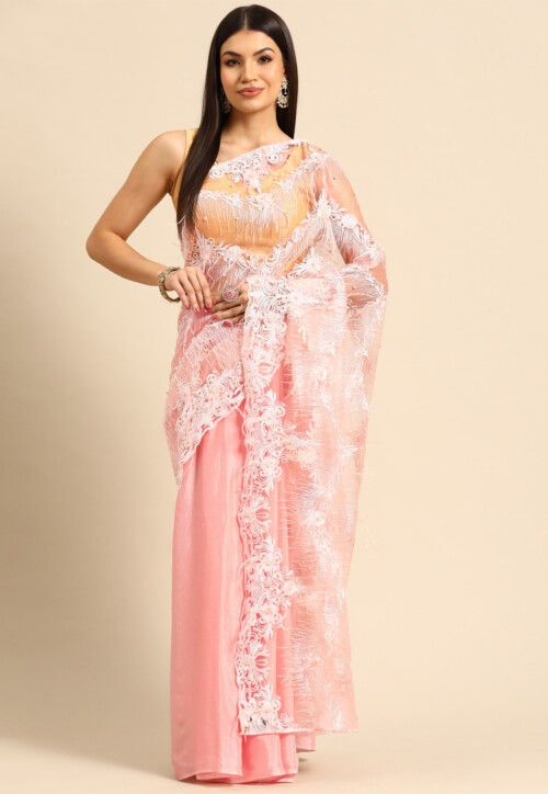 Half N Half Chinon Chiffon and Net Saree in Pink